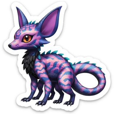 Rare epic aesthetic iridescent spooky gloomy colorful Salandit-Noibat-Eevee-Genet-species-Fakemon-hybrid-creature, with markings, full body sticker