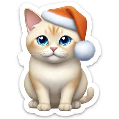 chubby fat, flame point Siamese, short fur, with white fur with orange accents, and blue eyes, smiling, wearing a red santa hat  sticker