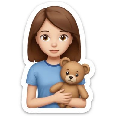 A Girl with Brown hair and Brown eyes with a t-shirt of a Teddy bear sticker