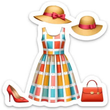 Icon for Fashion Design: a pattern of a bright, beautiful dress with measurements, a ruler, and pencil, along with a hat, shoes, and a handbag. The icon should represent fashion design with attention to detail and style. Transparent background. sticker