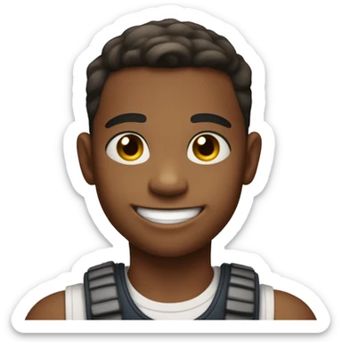 A 12 year old boy with a tank top and a middle part haircut who smiles and it's His dimples are coming out sticker