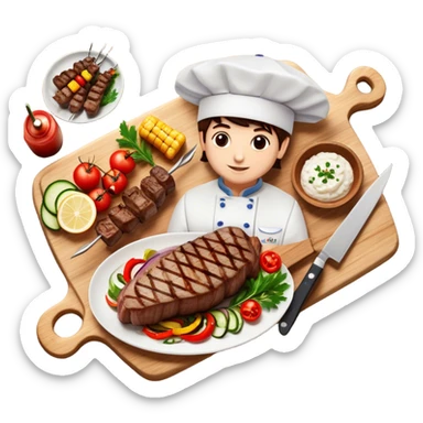 icon featuring cooking: a chef's hat, a cutting board with fresh ingredients, a knife, a plate with a well-plated dish, a beautiful ribeye beef steak, and beautifully arranged shashlik skewers placed across. Bright, detailed design with realistic textures and lighting. Transparent background. sticker