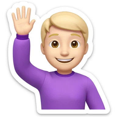 3D emoji of a smiling character waving hand, purple outfit, friendly and soft lighting, minimal background, for welcome message in a chat

 sticker