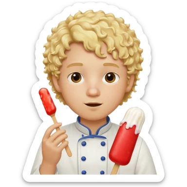 boy blonde curly hair, chef, eating ice pop sticker