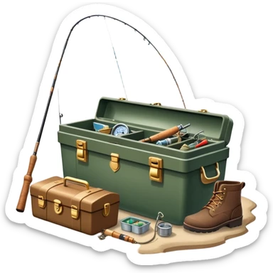 Icon for Fishing: a boat on the shore of a peaceful water body with a beautiful natural landscape, a fishing tackle box, a spinning rod, and boots nearby. The icon should capture the tranquility and gear of a fishing adventure. Without frame. Transparent background. sticker