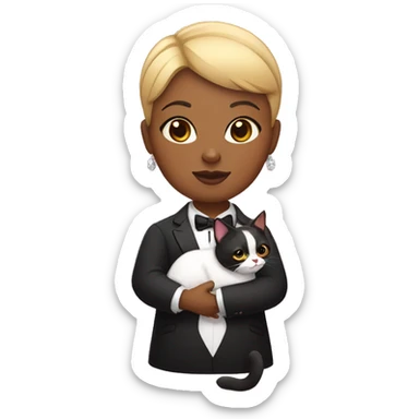 Fat black woman with short blond hair, holding a tuxedo cat in a chihuahua sticker