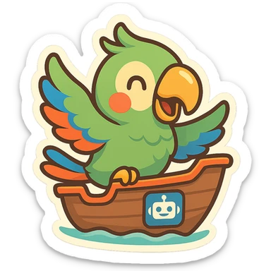 playful parrot mascot inspired by shippit-parrot riding in a small ship, with a visible AI/copilot icon such as a robot face or brain with circuits integrated into the ship's design, bright fun energetic style sticker