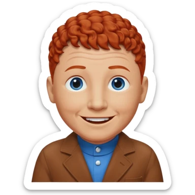 Curly Howard from the Three Stooges with blue eyes, chestnut-red hair, brown outfit sticker