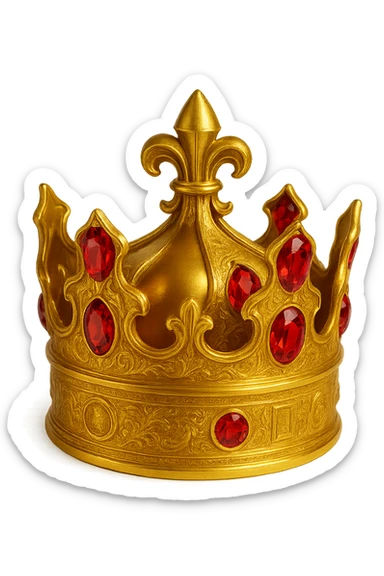 Add red jewels to the golden crown, keep the style ornate, with no background, emphasize the ornate and elaborate design of the golden crown with prominent red jewels. sticker