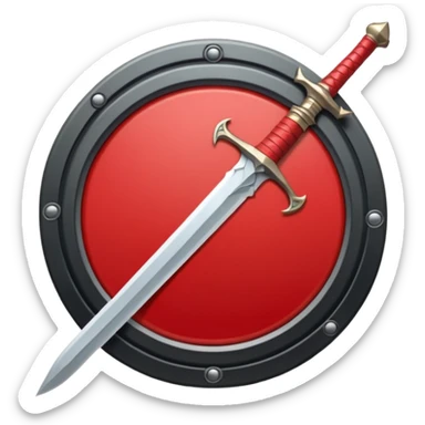 Make an mmo rpg red sword class icon inside of a round emblem sticker