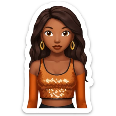 Brandy Norwood with long dark brown hair, sequin burnt orange crop top sticker