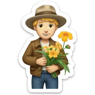 artful dodger white boy holds various flowers sticker