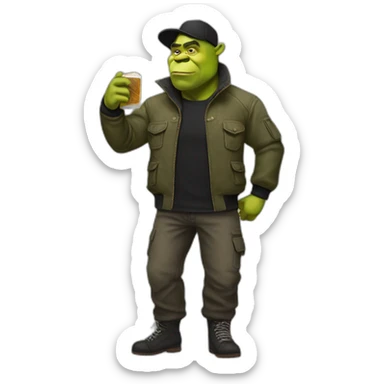 Shrek in cargo pants, black bomber jacket and hat sticker