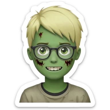 boy zombie with blonde emo hair and green skin and glasses and corner smile sticker