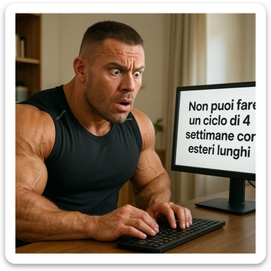realistic muscular bodybuilder in sportswear searching information on a computer screen with Italian text 'Non puoi fare un ciclo di 4 settimane con esteri lunghi', surprised expression, tidy room background, 4K quality sticker