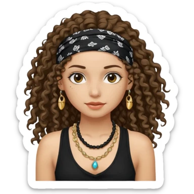 Baddie girl with black  tank top long  curly hairss and bandana and jwellery face only not body sticker