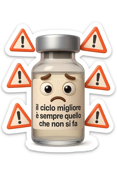 SU QUESTO STILE FAI UN EMOJI STILE IPHONE 3D DI UNa boccetta di fiala medica attorno alla quale fluttuano segnali di pericolo, sull'etichetta della boccetta c'è scritto "il ciclo migliore è sempre quello che non si fa", FALLO MOLTO REALISTICO IN 3D sticker