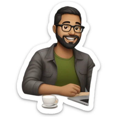 Designer with dark brown hair,brownd eyes, 30 years old beard and glasses working with MacBook and drinking cappuccino  sticker