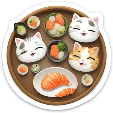four HAPPY cats having SUSHI DINNER sticker
