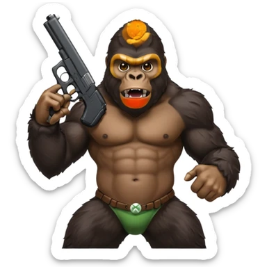 A gorilla holding a gun in the air with a Xbox controller  sticker