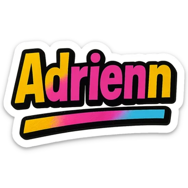 Adrienn name in modern colorful gradient font with dark outline, dynamic slanted or partial underline, transparent background, in the style of reference patterns sticker