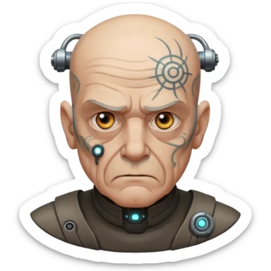 Cyberpunk old man, natural, tattooed, balding, grumpy expression sticker