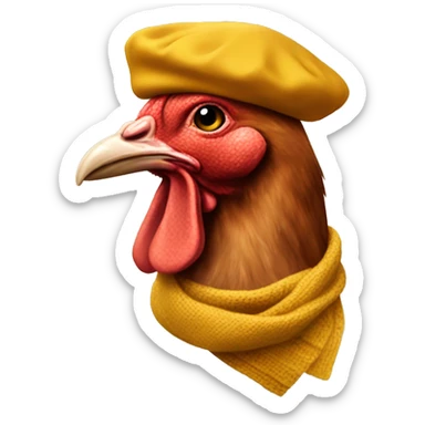 hen profile wearing a mustard scarf and a mustard colored beret sticker
