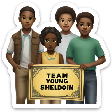 Group of young black children holding a banner that says “Team Young Sheldon” sticker