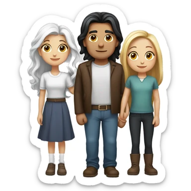  a woman with long brown hair, a man with white hair and a round face, and a young girl with long black hair standing between them, representing a family unit sticker