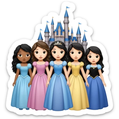Quiero que crees una imagen donde este el castillo de Disney y por detrás o delante pon a quatro chicas: una con el pelo largo rizado marrón , otra con el pelo muy corto negro, otra con el pelo mediano liso marrón y otra con el pelo negro largo liso sticker