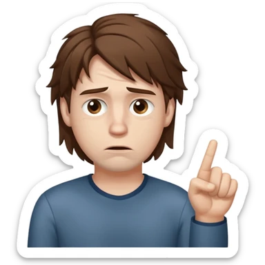 Weak man with disheveled hair pointing to his right sticker