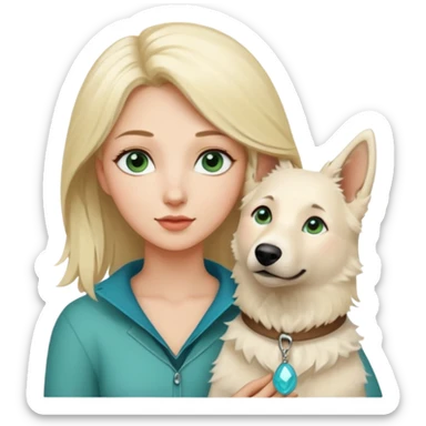 A white blonde Hair Woman with blue Green eyes with a White Shepard with a little bit beige in the fur in a lovely pose  sticker