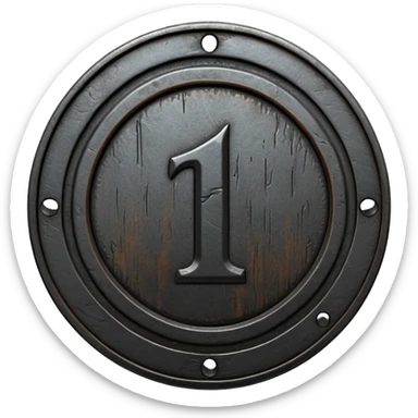 Minimal emoji, gothic metal coin made of black steel, engraved number 1 at the center, ancient industrial aesthetic, worn metal texture, no glow, no neon, flat emoji design, centered, transparent background sticker