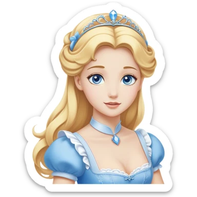 Cinematic Elegant Cinderella Portrait Emoji, Graceful and poised in her classic maid attire, golden locks cascading softly, bright blue eyes full of hope, a gentle glow of kindness and determination, delicate and humble yet undeniably beautiful, evoking the moment before her magical transformation, pure enchantment in her gaze! sticker