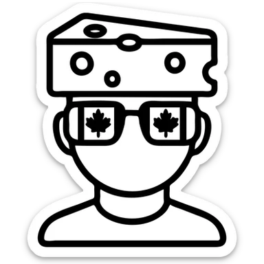 simple icon of a man, cheese block on head, Canada flag glasses sticker