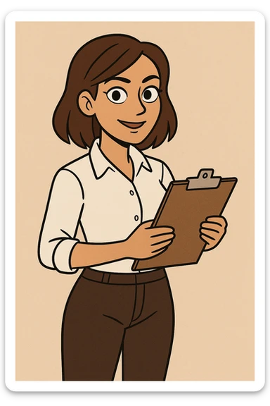 tan woman with brown eyes and brown shoulder length hair, standing confidently with a clipboard, productive and professional, contemporary illustration sticker