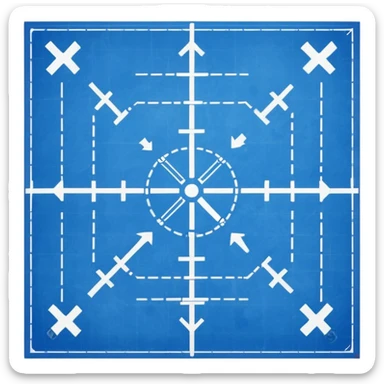 blue blueprint plan with white lines, dotted path, and X mark sticker