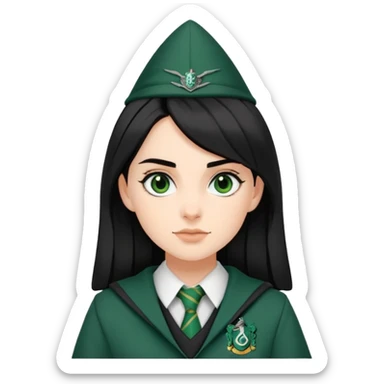 genevieve gaunt is Pansy Parkinson in harry potter, wear hogwarts slytherin uniform, black hair sticker