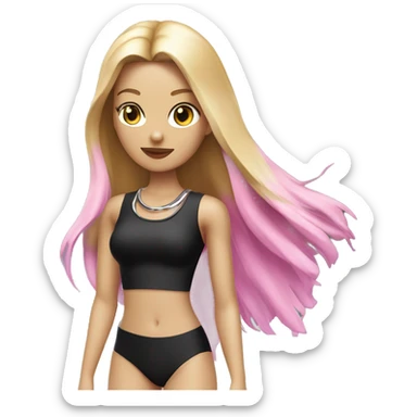 Woman with blue eyes, pink lips and long blonde straight hair. black swimsuit. black band with metal ring around neck sticker