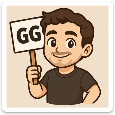 The drawn figure from the first image, in the same style and with the same face, holding a sign with the text 'GG' exactly as shown in the second image: held by one hand beside the body, smiling. sticker