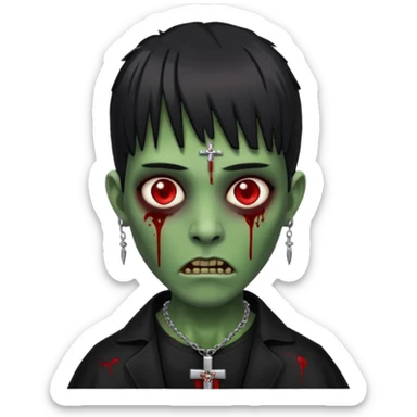 zumbi verde com olhos vermelhos sangrando e franja roupa preta e um crucifixo como colar sticker