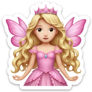 Detailed long pink princess dress, long blonde wavy hair, pink fairy wings sticker