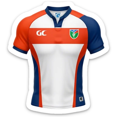 Cinematic Realistic image of a rugby jersey rendered in bold, dynamic team colors with intricately detailed fabric textures and natural creases, illuminated by dramatic stadium lighting sticker