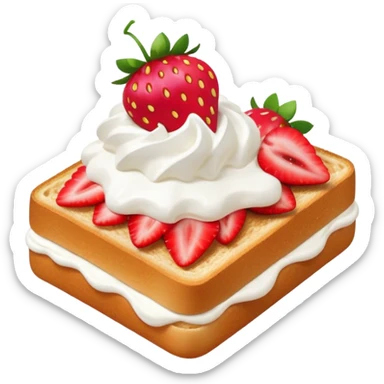 square toast topped with fluffy white cream, decorated with a strawberry bow made from two strawberry center, bright red and glossy sticker