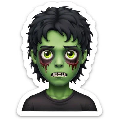 boy zombie with black curly hair mullet with green skin with black shirt sticker