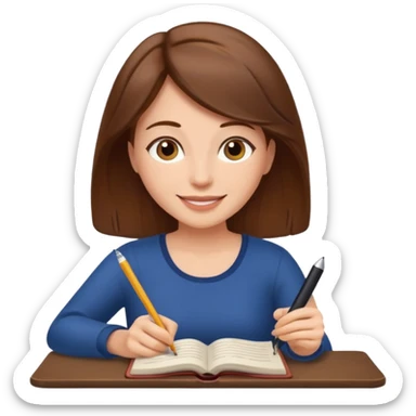 happy woman with brown hair writing a book sticker