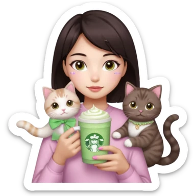 asian girl with short dark brown hair and dark brown eyes with a soft girl pink glowup aesthetic, matcha latte, 2 light brownragdoll cats, and sparkles, makeup, and money. more sparkles sticker