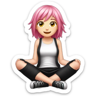 Full body Front view curvy emo girl pink hair sits on the floor straight view hands up black skirt белые трусики sticker