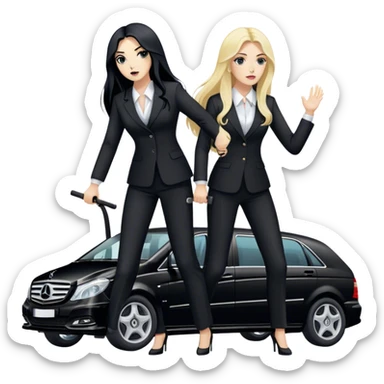 Two woman in black pants suits. They have long hair. One has black hair and one is blond. They are punching a stretcher with a coffin on into a black Mercedes Vito sticker
