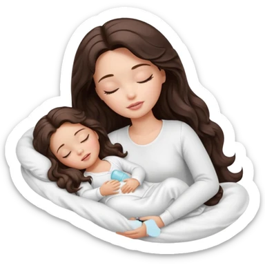 White Barbie girl dark brown long wavy hair in white clothes sleeping with white baby at cream bed, eyes are closed sticker